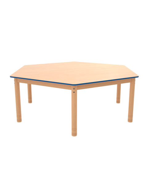 Sechsecktisch ⌀143cm farbiger Rand mit höhenverstellbaren Holzbeinen