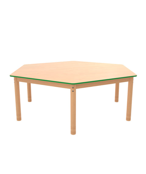 Sechsecktisch ⌀143cm farbiger Rand mit höhenverstellbaren Holzbeinen