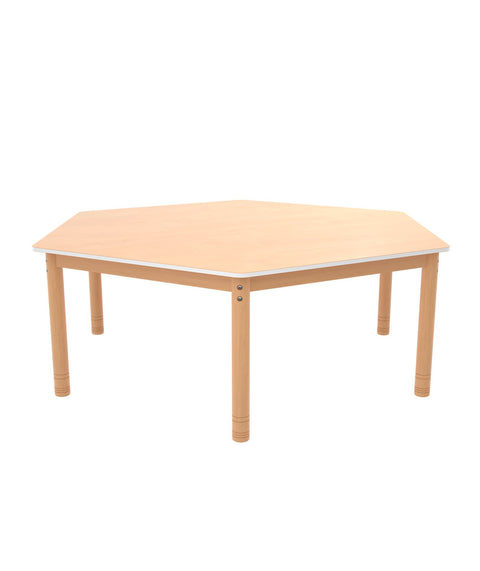 Sechsecktisch ⌀143cm farbiger Rand mit höhenverstellbaren Holzbeinen