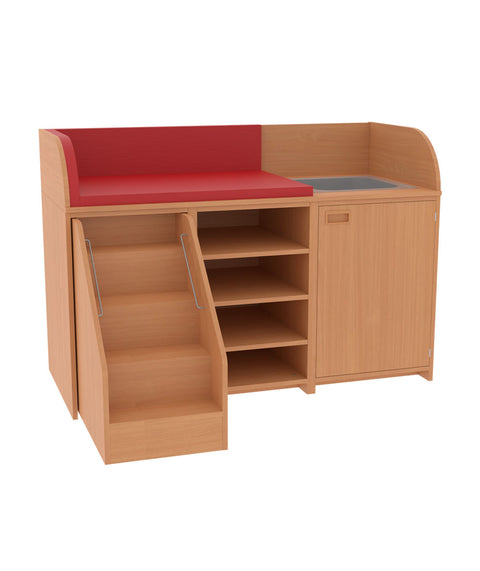 Wickelkommode mit Fächern, Tür, Waschbecken & Treppe - Breite 160cm