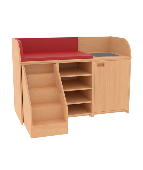 Wickelkommode mit Fächern, Tür, Waschbecken & Treppe - Breite 160cm