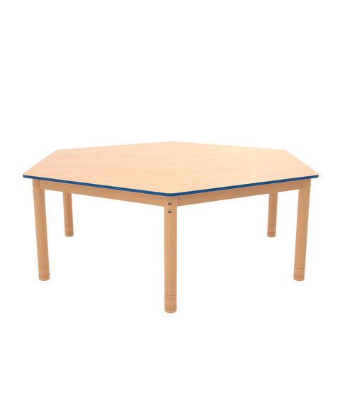 Sechsecktisch ⌀143cm farbiger Rand mit höhenverstellbaren Holzbeinen