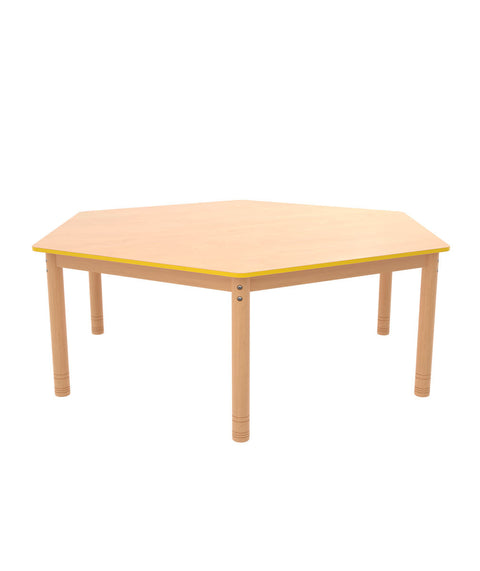 Sechsecktisch ⌀143cm farbiger Rand mit höhenverstellbaren Holzbeinen