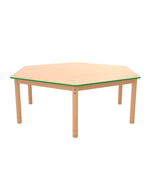 Sechsecktisch ⌀143cm farbiger Rand mit höhenverstellbaren Holzbeinen