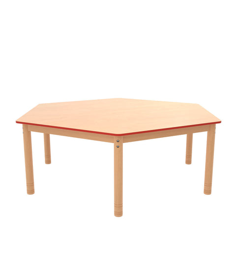 Sechsecktisch ⌀143cm farbiger Rand mit höhenverstellbaren Holzbeinen