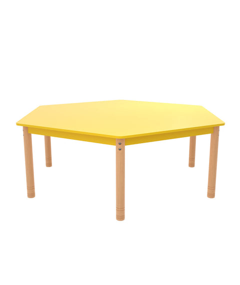 Sechsecktisch ⌀143cm farbig mit höhenverstellbaren Holzbeinen